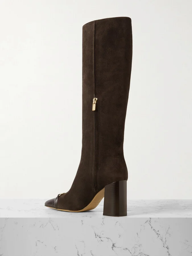 Ferragamo - Sibilla Embellished Croc-effect Leather-trimmed Suede Knee Boots - Brown - Image 3