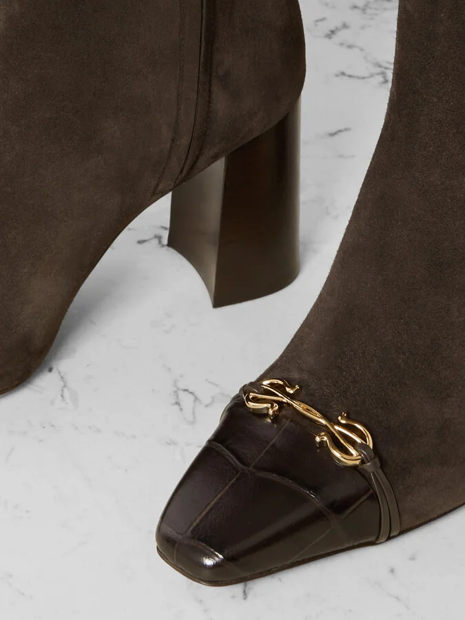 Ferragamo - Sibilla Embellished Croc-effect Leather-trimmed Suede Knee Boots - Brown - Image 4
