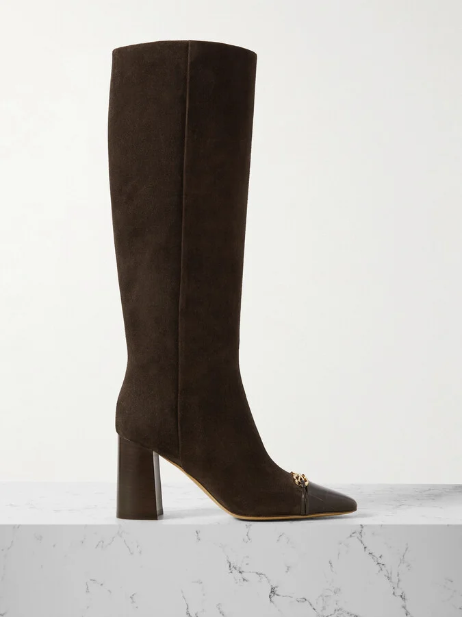 Ferragamo - Sibilla Embellished Croc-effect Leather-trimmed Suede Knee Boots - Brown