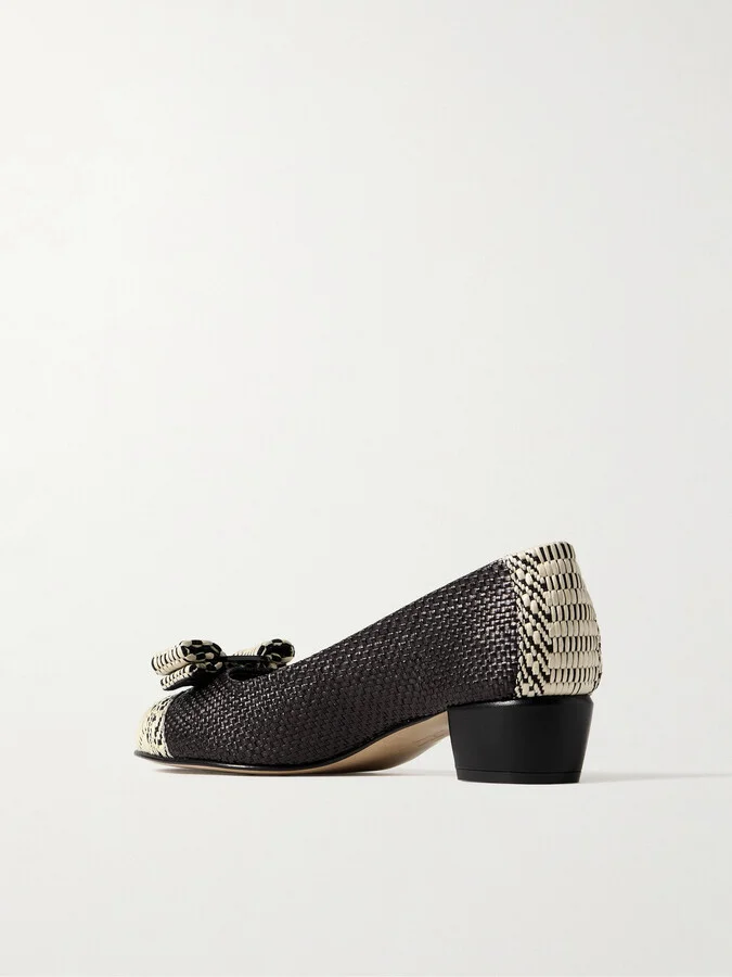 Ferragamo - Vara Bow-embellished Woven Raffia Pumps - Black - Image 3