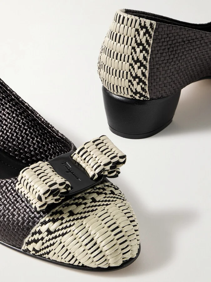 Ferragamo - Vara Bow-embellished Woven Raffia Pumps - Black - Image 4