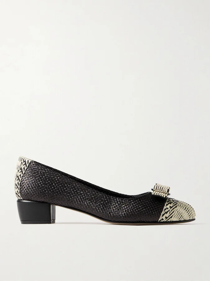 Ferragamo - Vara Bow-embellished Woven Raffia Pumps - Black