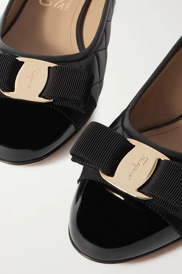 Ferragamo - Vara Q Bow-embellished Quilted Patent-leather Pumps - Black - Image 4