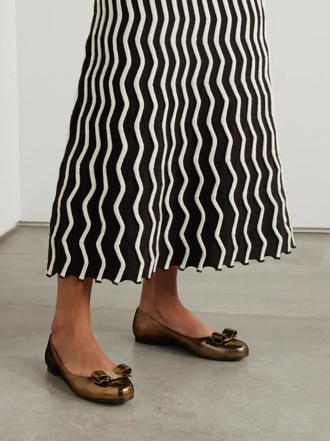 Ferragamo - Varina Bow-embellished Lamé Ballet Flats - Brown - Image 2