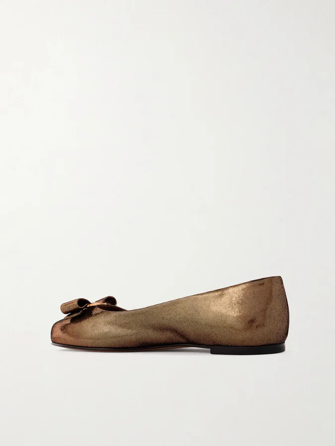 Ferragamo - Varina Bow-embellished Lamé Ballet Flats - Brown - Image 3