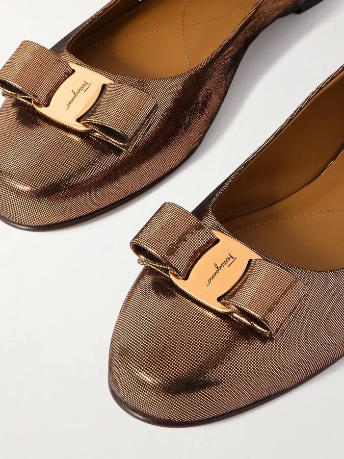 Ferragamo - Varina Bow-embellished Lamé Ballet Flats - Brown - Image 4