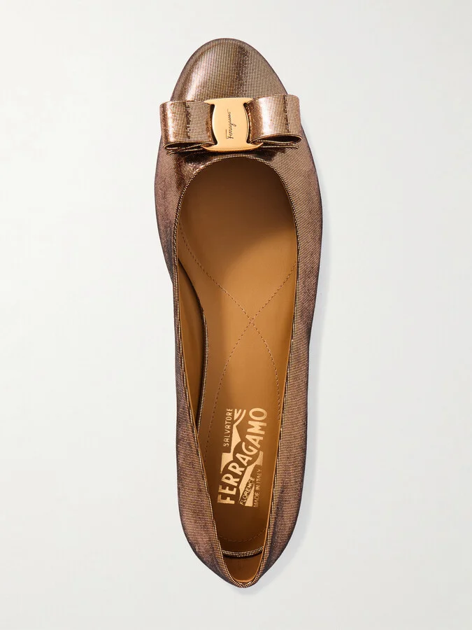 Ferragamo - Varina Bow-embellished Lamé Ballet Flats - Brown - Image 5