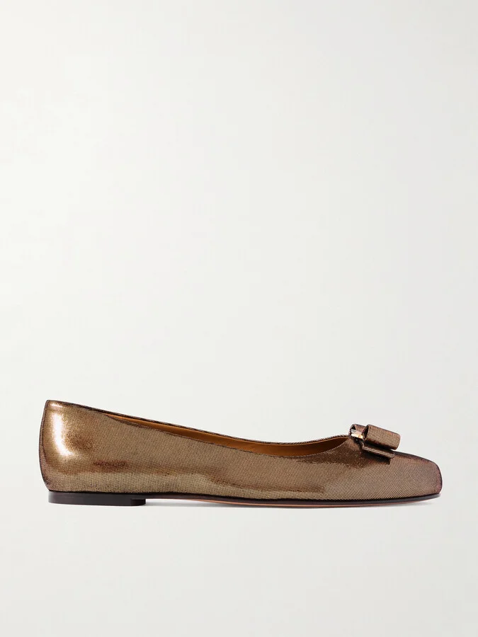 Ferragamo - Varina Bow-embellished Lamé Ballet Flats - Brown