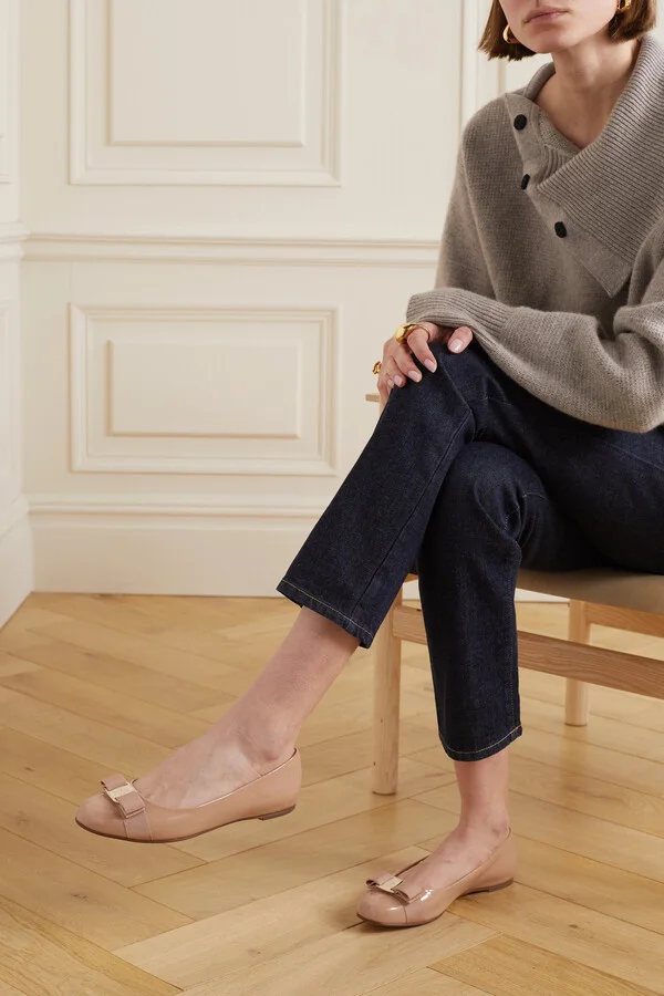 Ferragamo - Varina Bow-embellished Patent-leather Ballet Flats - Neutrals - Image 2