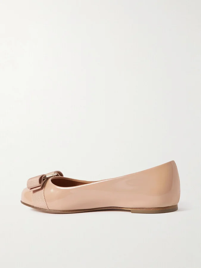 Ferragamo - Varina Bow-embellished Patent-leather Ballet Flats - Neutrals - Image 3