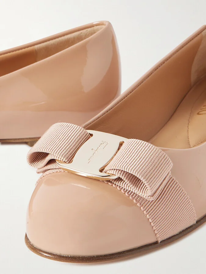 Ferragamo - Varina Bow-embellished Patent-leather Ballet Flats - Neutrals - Image 4