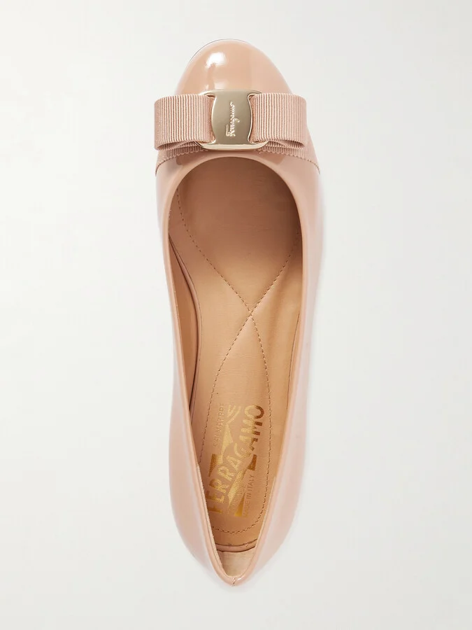 Ferragamo - Varina Bow-embellished Patent-leather Ballet Flats - Neutrals - Image 5