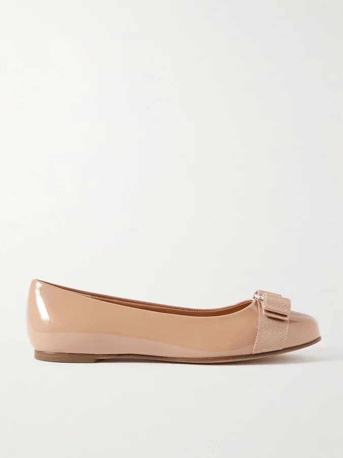 Ferragamo - Varina Bow-embellished Patent-leather Ballet Flats - Neutrals