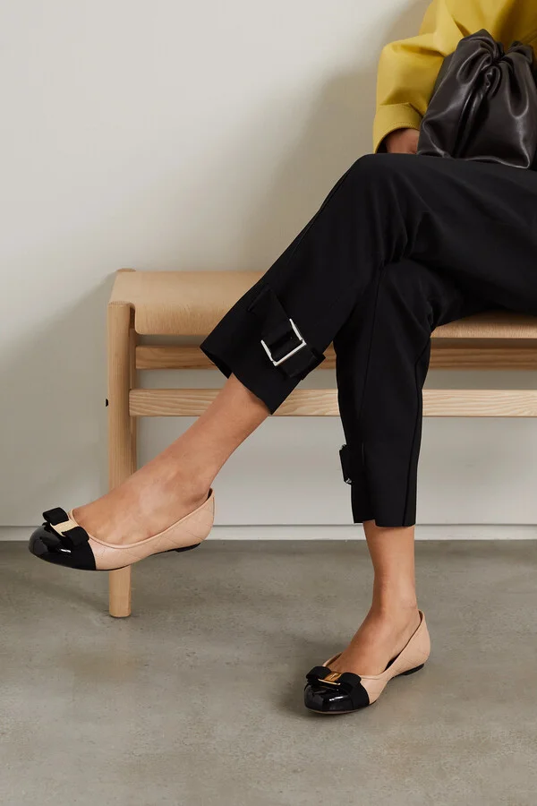 Ferragamo - Varina Bow-embellished Quilted Smooth And Patent-leather Ballet Flats - Neutrals - Image 2