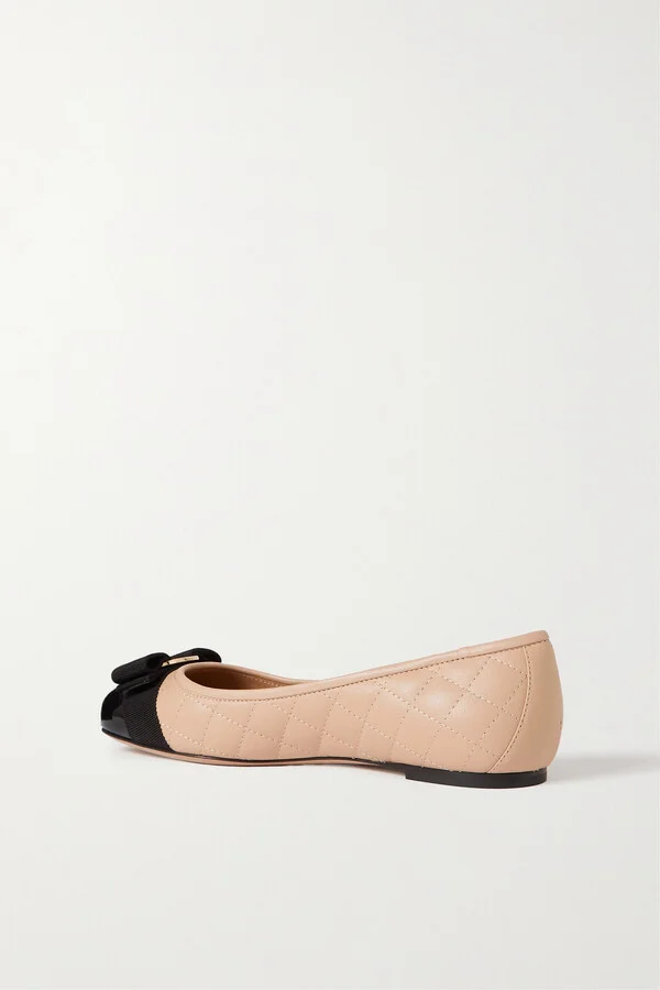 Ferragamo - Varina Bow-embellished Quilted Smooth And Patent-leather Ballet Flats - Neutrals - Image 3