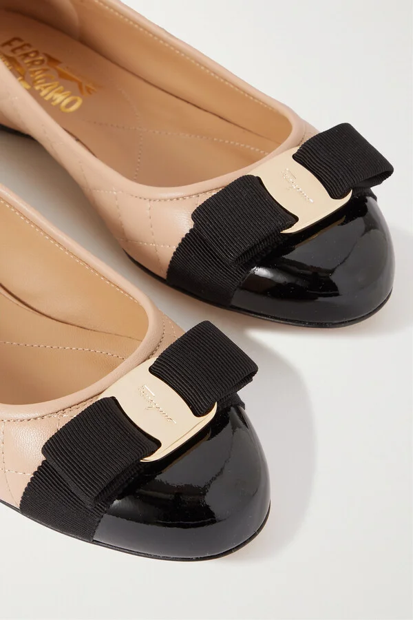 Ferragamo - Varina Bow-embellished Quilted Smooth And Patent-leather Ballet Flats - Neutrals - Image 4
