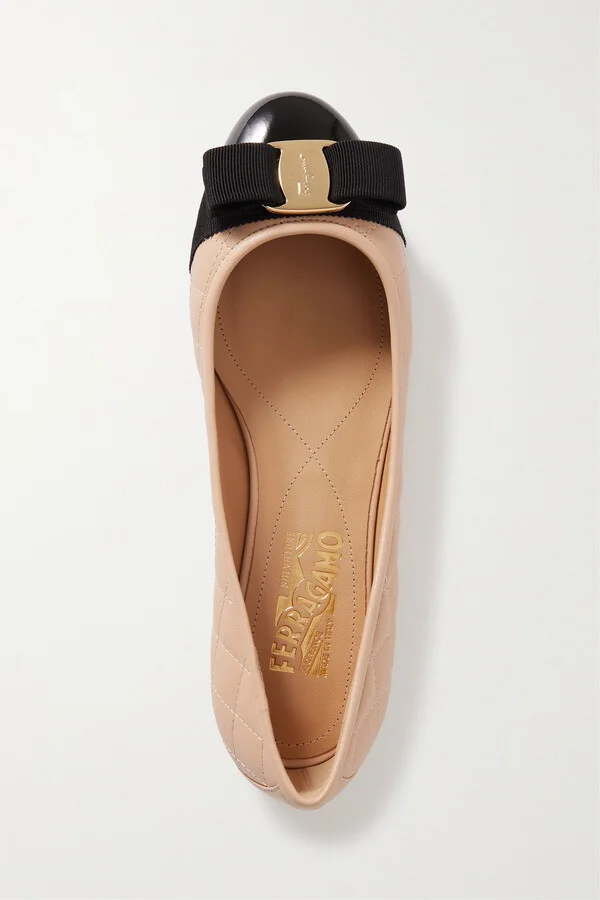 Ferragamo - Varina Bow-embellished Quilted Smooth And Patent-leather Ballet Flats - Neutrals - Image 5