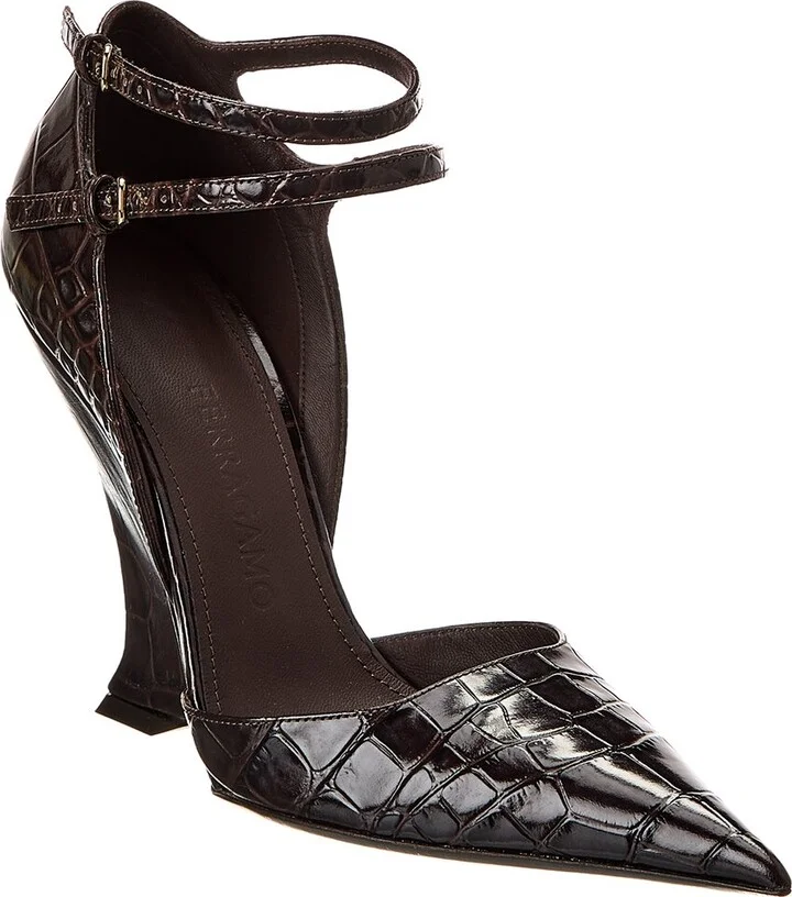 Ferragamo Vidya Croc-Embossed Leather Wedge Pump
