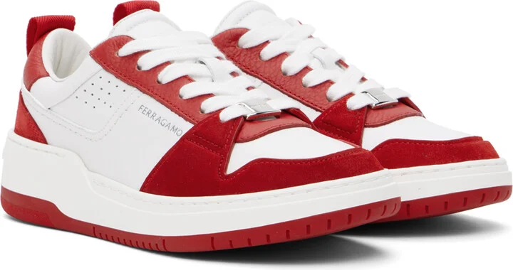 Ferragamo White & Red Suede Patch Skate Sneakers - Image 4