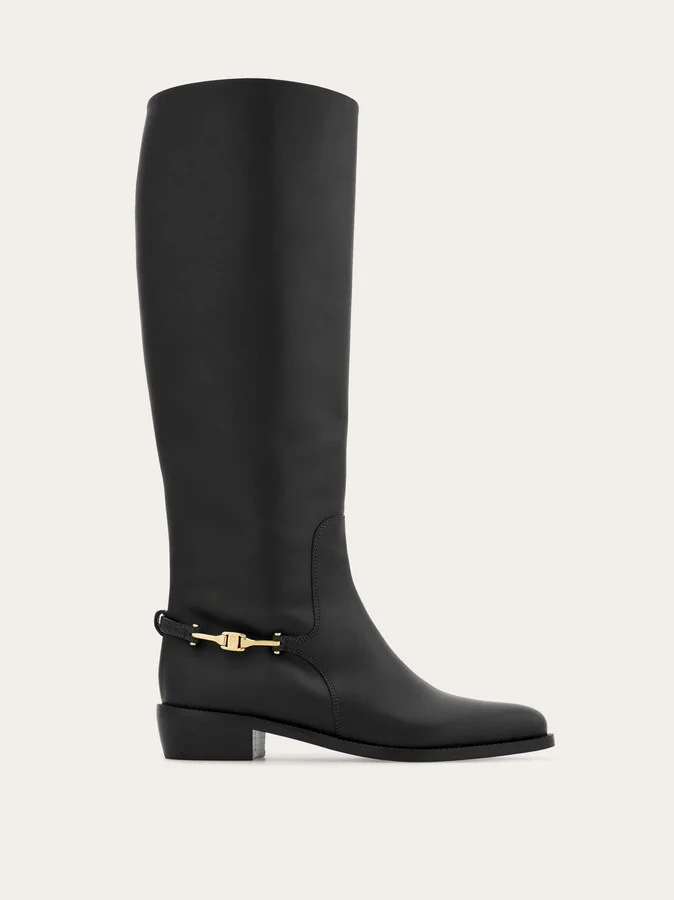 Ferragamo Women F buckle knee boot Black