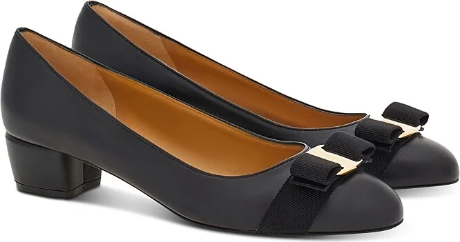 Ferragamo Women's Vara Soft Bow Detail Blue Block Heel Pumps