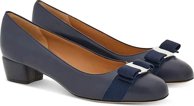 Ferragamo Women's Vara Soft Bow Detail Blue Block Heel Pumps