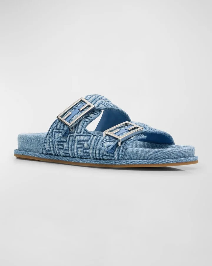 FF Embroidered Denim Dual Buckle Slide Sandals - Image 3
