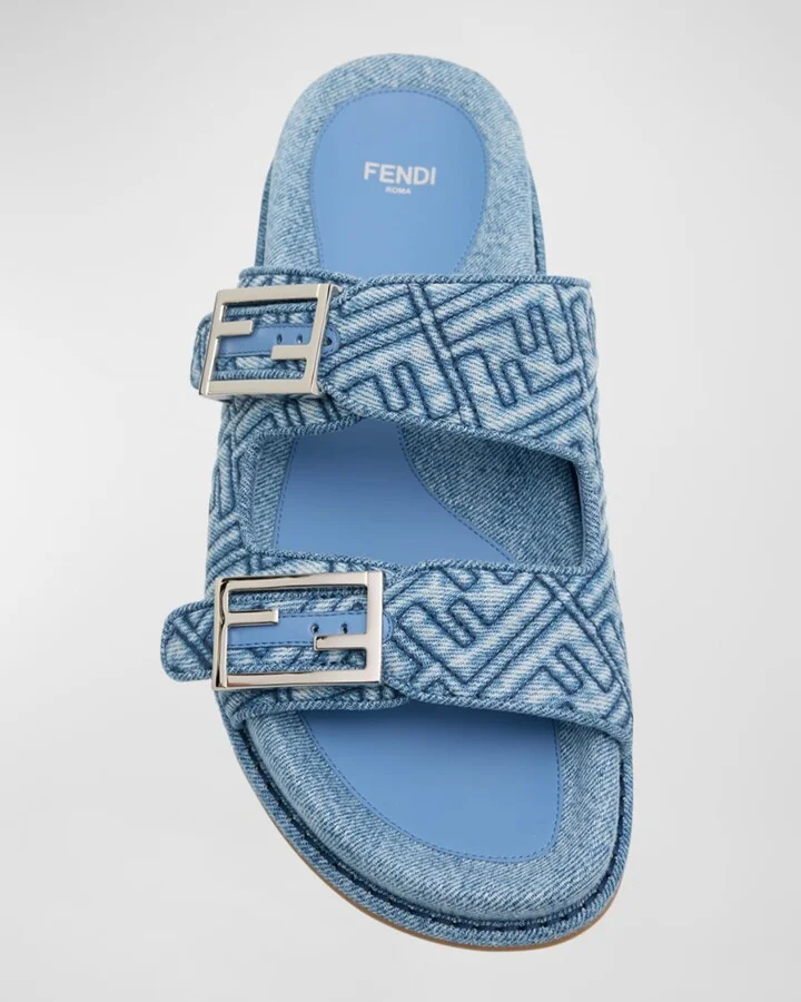 FF Embroidered Denim Dual Buckle Slide Sandals - Image 4