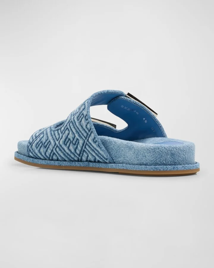 FF Embroidered Denim Dual Buckle Slide Sandals - Image 6
