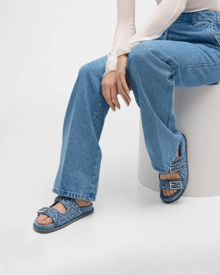FF Embroidered Denim Dual Buckle Slide Sandals - Image 7