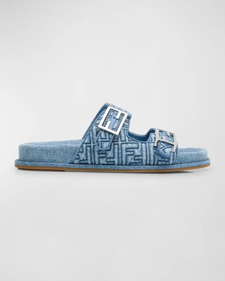 FF Embroidered Denim Dual Buckle Slide Sandals
