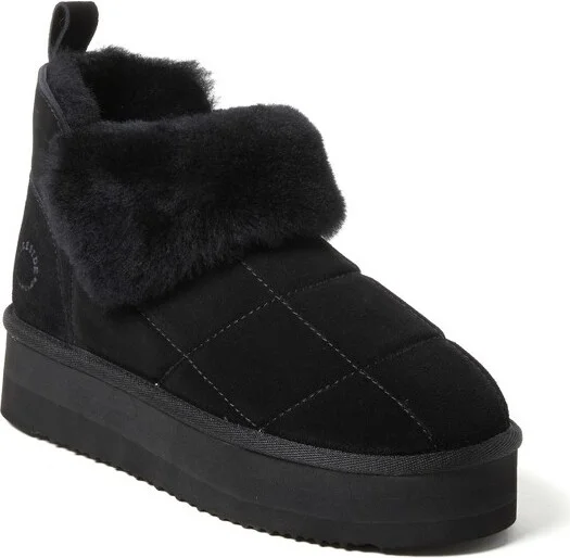 Fireside by Dearfoams Women's Bayswater Genuine Shearling Quilted Platform Bootie - Black Size