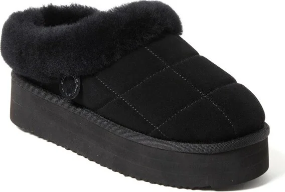 Fireside by Dearfoams Women's Bendigo Genuine Shearling Quilted Platform Clog Slipper - Black Size