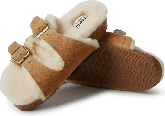 Fireside by Dearfoams Women's Tamworth Genuine Shearling Double Band Sandal - Leopard Size - Image 7