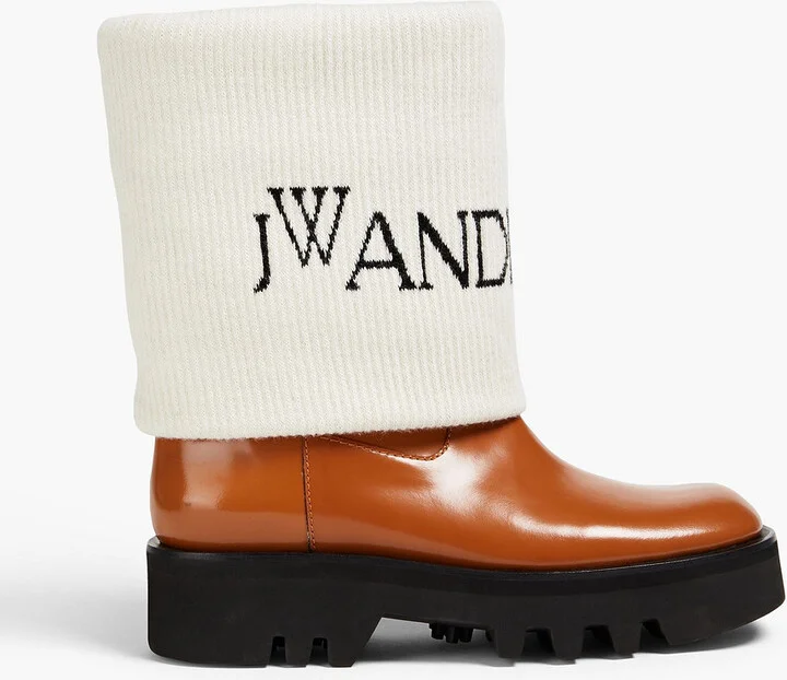 Fisherman wool-jacquard and glossed-leather ankle boots