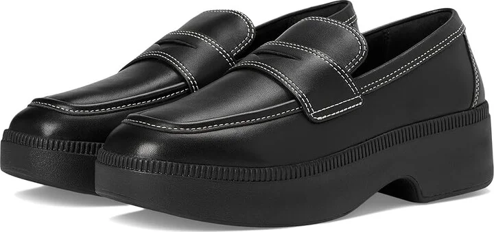 FitFlop F-Luma Contrast-Stitch Leather Demi-Wedge Loafers Women's Shoes Black : 7.5 M (B)