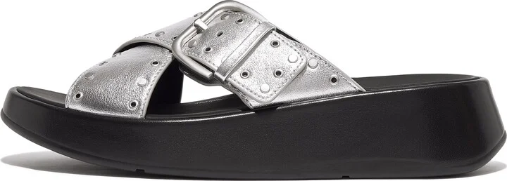 FitFlop F-MODE Buckle Stud/Eyelet Metallic-Leather Flatform Cross Slides