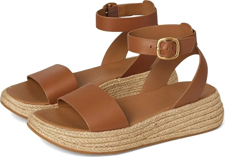 FitFlop F-Mode Espadrille Leather Flatform A/Strap Sandals Women's Wedge Shoes Deep Tan : 9 M (B)