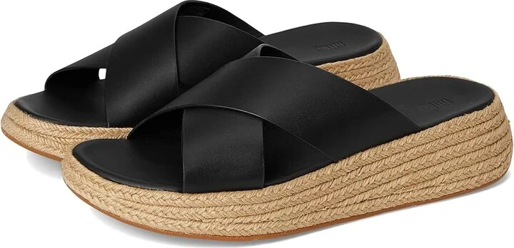 FitFlop F-Mode Espadrille Leather Flatform Cross Slides Women's Wedge Shoes Black : 9 M (B)