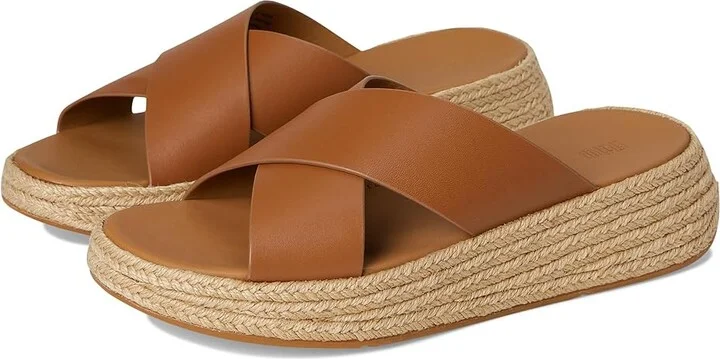 FitFlop F-Mode Espadrille Leather Flatform Cross Slides Women's Wedge Shoes Deep Tan : 8 M (B)