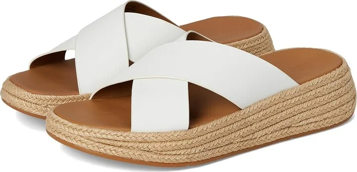 FitFlop F-Mode Espadrille Leather Flatform Cross Slides Women's Wedge Shoes Urban White : 10 M (B)