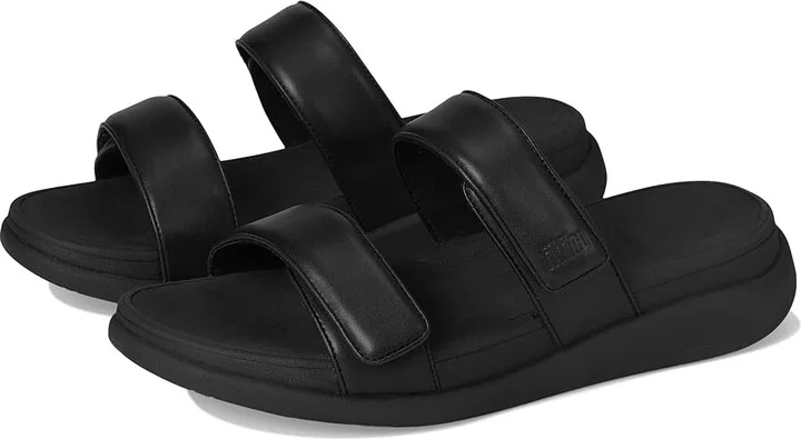 FitFlop F-Mode Go Adjustable Flatform 2-Bar Slides Women's Wedge Shoes All Black 1 : 7 M (B), Faux Leather