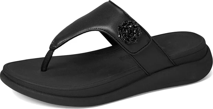 FitFlop F-Mode Go Beadie-Button Adj. Flatform Toe/Post Sandals Women's Wedge Shoes All Black : 5 M (B), Leather - Image 5