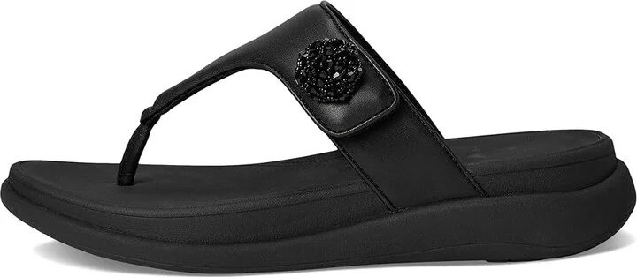 FitFlop F-Mode Go Beadie-Button Adj. Flatform Toe/Post Sandals Women's Wedge Shoes All Black : 5 M (B), Leather - Image 6