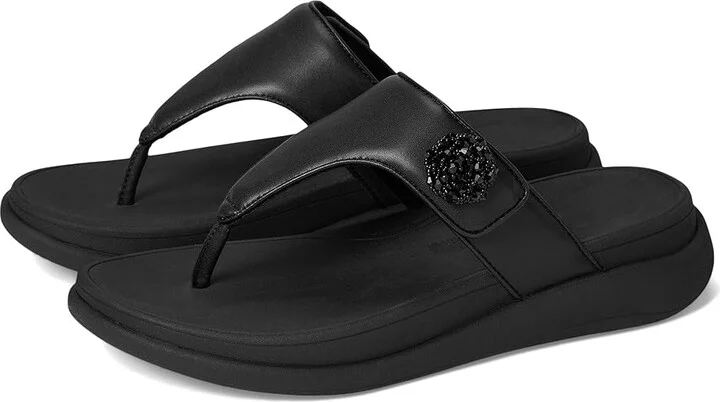 FitFlop F-Mode Go Beadie-Button Adj. Flatform Toe/Post Sandals Women's Wedge Shoes All Black : 5 M (B), Leather
