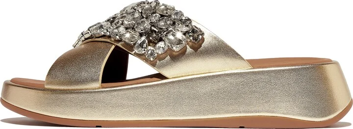 FitFlop F-MODE Jewel-Deluxe Metallic-Leather Flatform Cross Slides