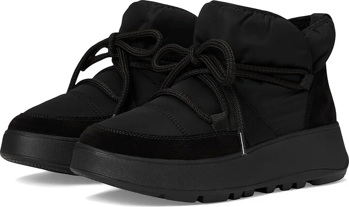FitFlop F-Mode Water-Resistant Fleece-Lined Mesh Flatform Laced Booties Women's Boots Black : 8 M (B), EVA/Fleece/Lace