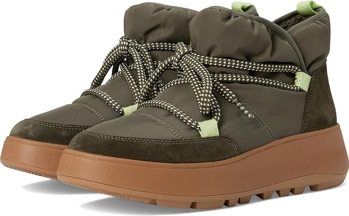 FitFlop F-Mode Water-Resistant Fleece-Lined Mesh Flatform Laced Booties Women's Boots Deep Olive : 5 M (B), EVA/Fleece/Lace
