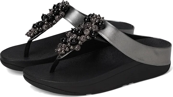 FitFlop Fino Bauble-Bead Toe-Post Sandals Women's Sandals Pewter Black : 9 M (B), Leather