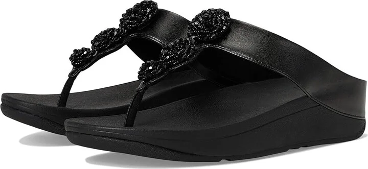 FitFlop Fino Beadie-Button Metallic Toe-Post Sandals Women's Wedge Shoes Metallic Black : 8 M (B), Leather
